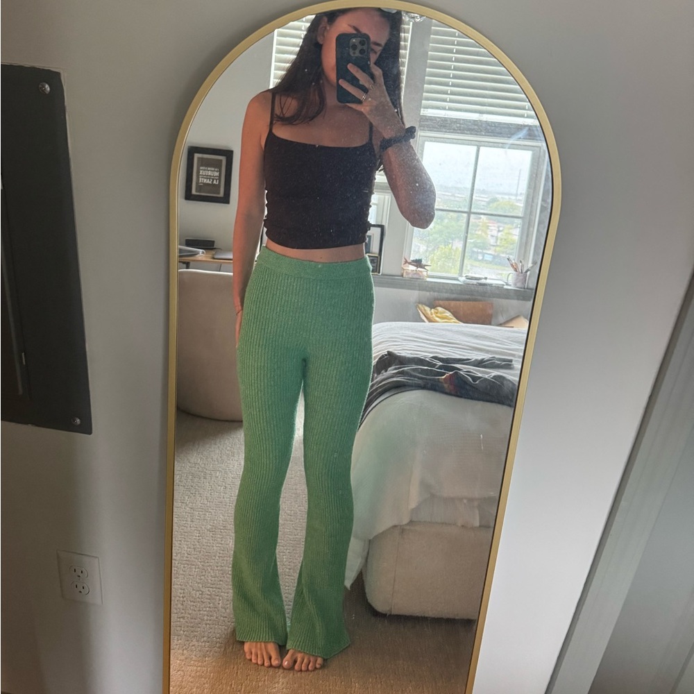 Green Ribbed Knit Flare Pants